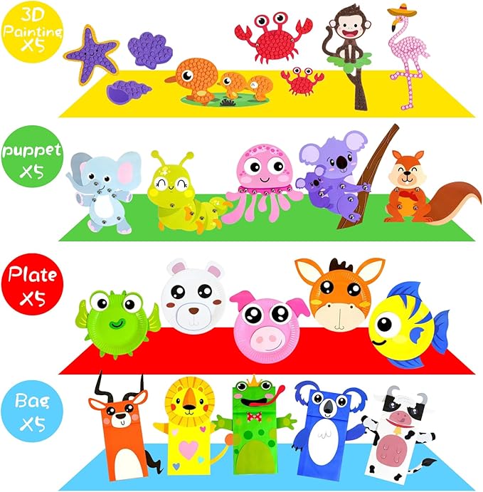 DINSUMRUG 20 Animal Arts & Crafts Kit for Kids 4-6, All-Inclusive Toddler Craft Box with Paper Plates, Puppets, Fun Activities, Tigers, Lions (134 Characters) (Animal)