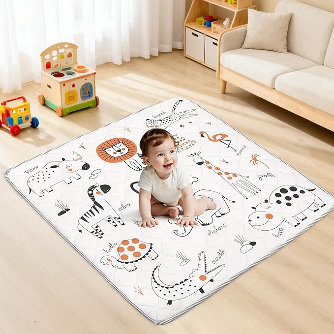 Baby Play Mat for Floor,Soft 50x50 Playpen Mat,Thick Foam Cushioned Playmat for Tummy Time,Safe Non-Slip Backing for Crawling for Kids Toddlers Infants,Line Animals