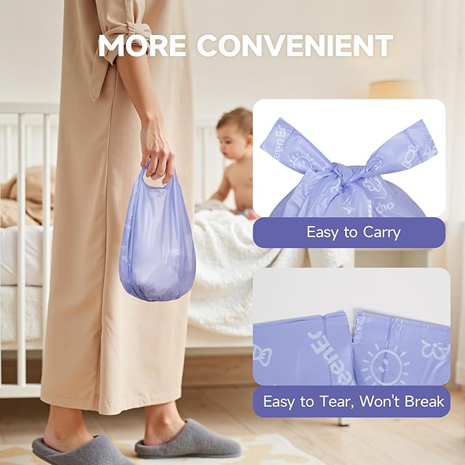 Disposable Diaper Bags with Handles 100 Count (4 Rolls), Unscented Leak-Proof Diaper Trash Bags & Sacks or Pet Waste Bag, Ocean Recycled Plastic