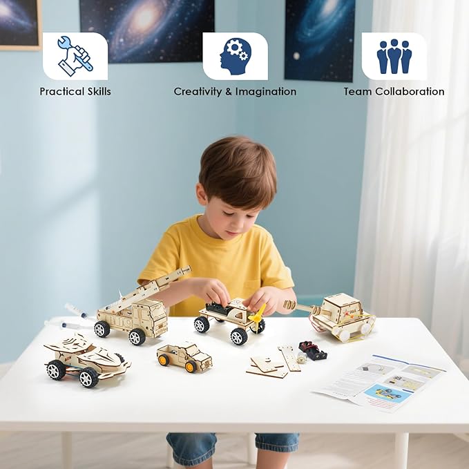 6 in 1 STEM Toys for Kids Age 8-10, Wooden Science Experiments Building Toy for Boys and Girls, Model Car Kit, Wooden 3D Puzzles, Xmas Birthday Gifts for 6 7 8 9 10 11 12 Year Old