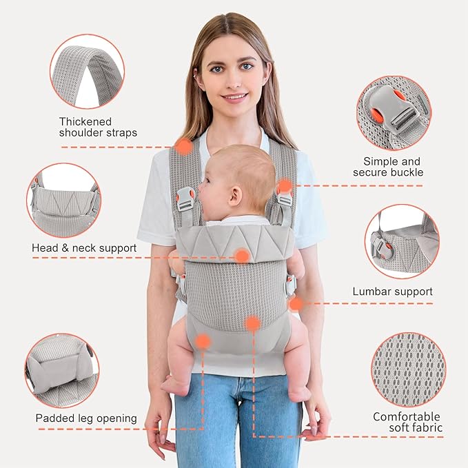 Newborn Carrier, Baby Carrier Newborn to Toddler, Ergonomic Baby Sling with Head Support,Light Grey