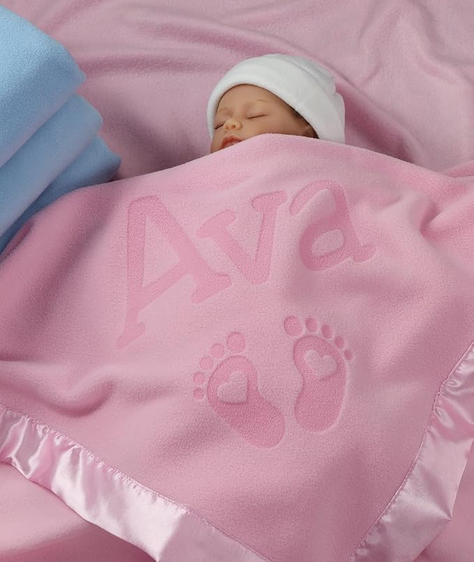 Custom Catch Personalized Newborn Gift Baby Blanket for Girl - Name with Infant Heart Feet Design - Pink or Blue (1 Line Text)