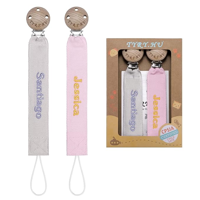TYRY.HU Personalized Pacifier Clip with Name, Embroidery Webbing Pacifier Holder for Baby Girls and Boys, Neutral Pacifier Leash Universally Fit All Pacifiers & Baby Toys, 2 Pack Baby Gift(Grey, Pink)