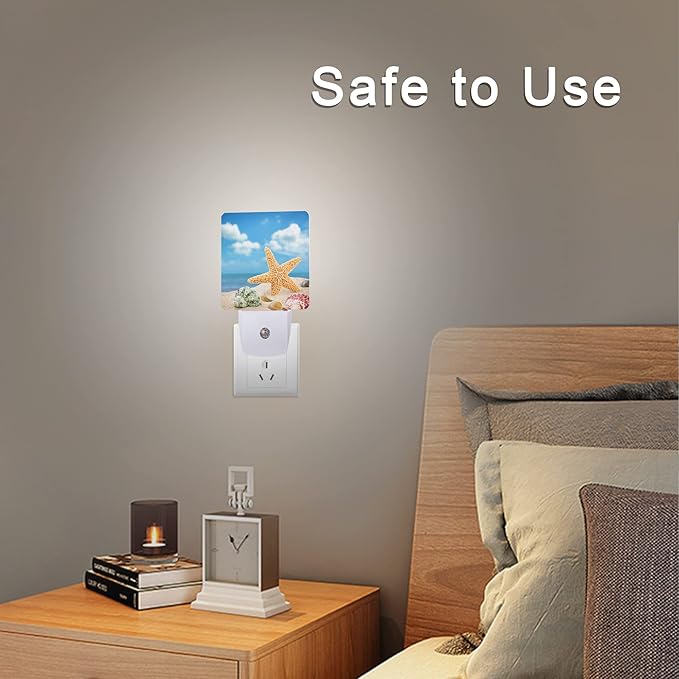 Seashells Starfishes Beach Night Light Plug-in LED Nightlights Auto Sensor Night Lamp Dusk-to-Dawn Lamp Home Decor for Nursery Children Girls Boys