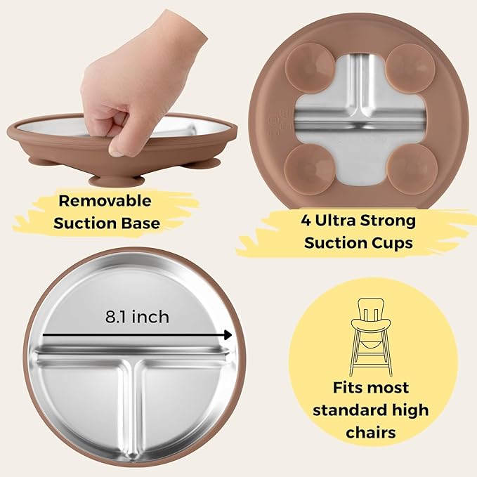 Stainless Steel Toddler Feeding Set 4 Pieces – Suction Plate, Silicone Bib, Spoon & Fork – Divided Plates for Baby Led Weaning, BPA-Free, Removable Shell (Mocha Mousse)