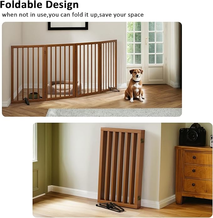 Dog Gate 32" Tall Foldable Dog Gate for Doorways Freestanding Pet Gate for Dogs Indoor (Walnut, 4 Panel)