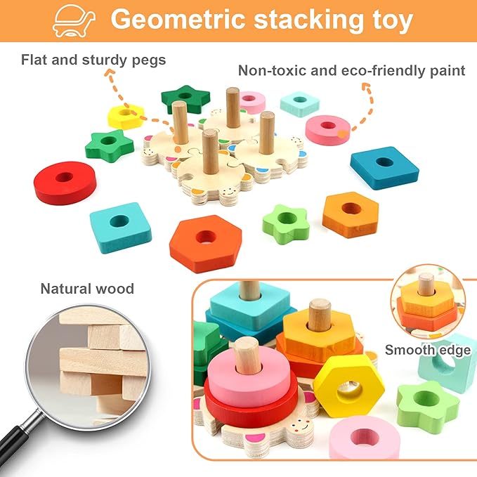 WOOD CITY Stacking Toys for Toddlers 1-3, Montessori Shape Sorter Baby Toys 12-18 Months, Wooden Block Educational Puzzle Toys for Boys Girls 1 2 3 4 Year Old Preschool Learning Gifts
