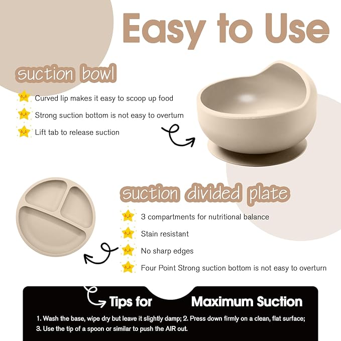 Baby Led Weaning Supplies, 17 Piece BPA-Free Silicone Feeding Set, Eating Essentials Baby Utensils with Suction Plate and Bowl, Pocket Bib, Sippy Cup with Lid, for 6+ Months, Beige