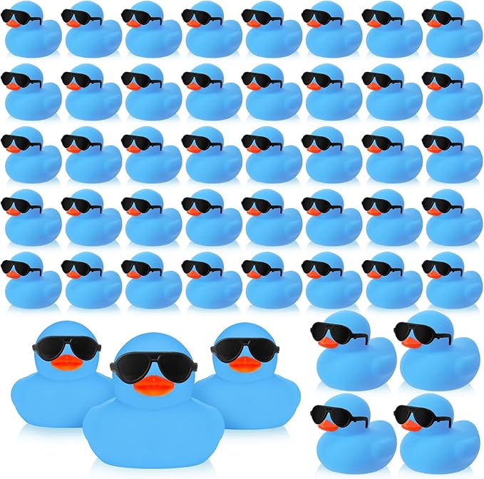 Sosation 48 Pack Mini Rubber Ducks with Sunglasses Sets Squeaky Bath Toys Float Bathtub Duckies for Little One Birthday Party Favors Class Carnival Prizes Car Decor(Blue)