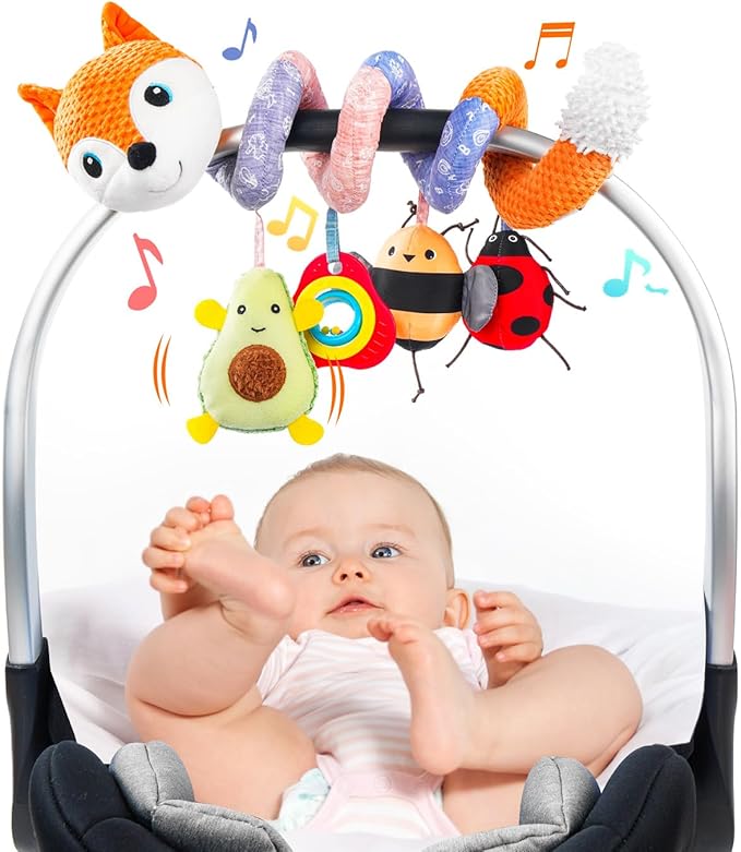 Jollybaby Crib Stroller Car Seat Toys for Baby 0-3-6-9-12 Months, Tummy Time Hanging Sensory Toys for Newborn with Music Box and Teether, Spiral Carseat Toy for Infant Boys Girls Gift (03-Orange Fox)