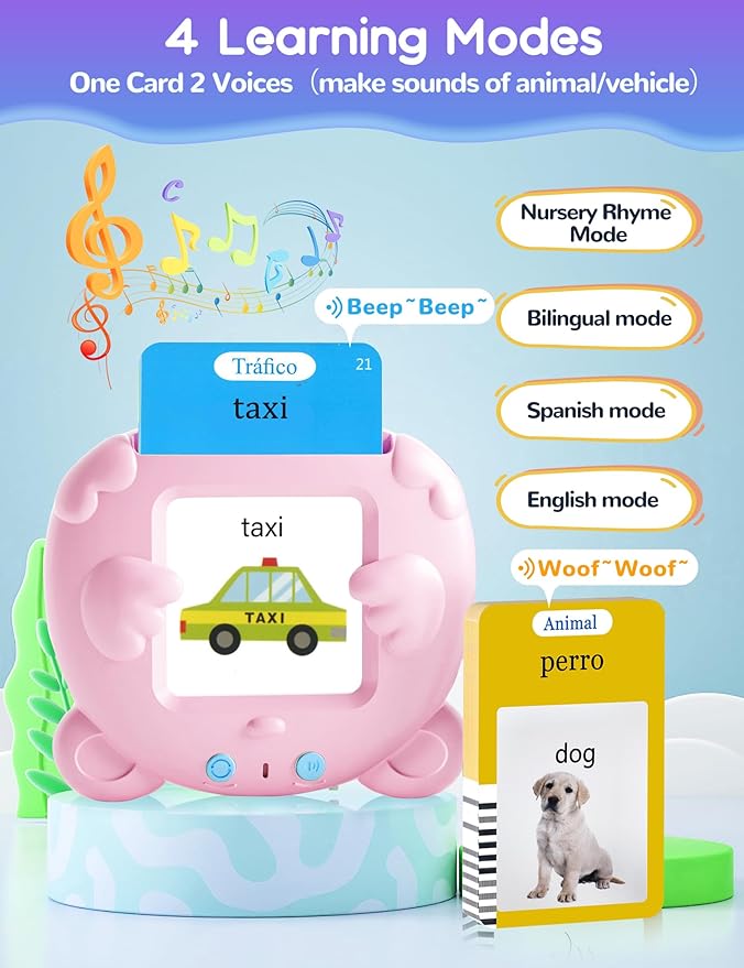 Spanish & English Talking Flash Cards for Toddlers, 510 Sight Words Bilingual Pink Educational Toys for Girls, Autism Sensory Speech Therapy Toys, Española Pocket Vocabulary Learning for Kids