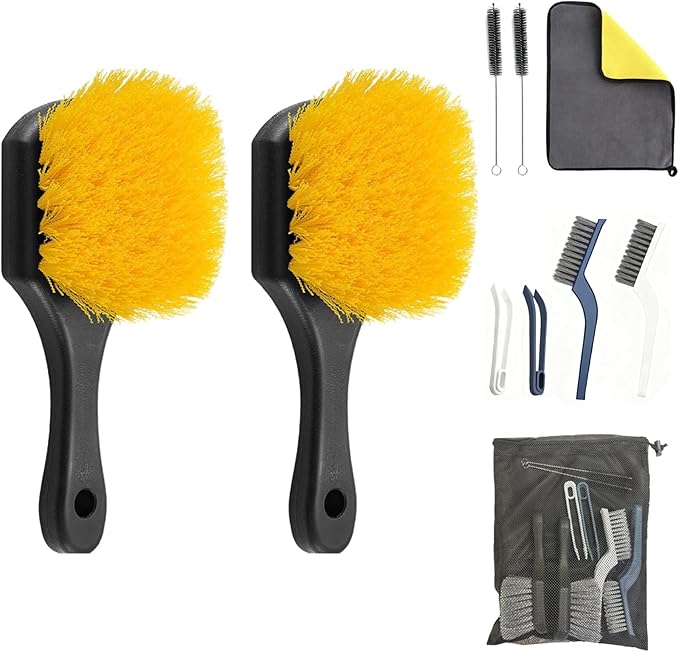 10-Piece Heavy-Duty Scrub Brushes Set with Bird Bath Scrubber and Crevice Tools for Outdoor, Kitchen, Bathroom, Tire & Wheel(Yellow)