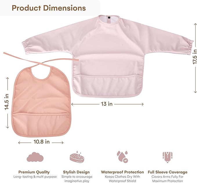 CHILDLIKE BEHAVIOR Baby Smock Bib - Waterproof Travel Buddy, Mess-Proof Feeding - Long Sleeves, Gentle Closure- Two-Layer