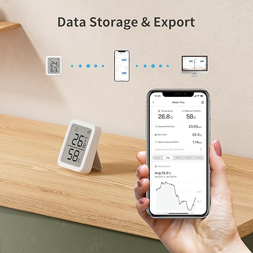 SwitchBot Thermometer Hygrometer, Bluetooth Indoor Humidity Meter for Home, Temperature Sensor with App Control, Large LCD Display, Notification Alerts, 2-Year Data Storage Export