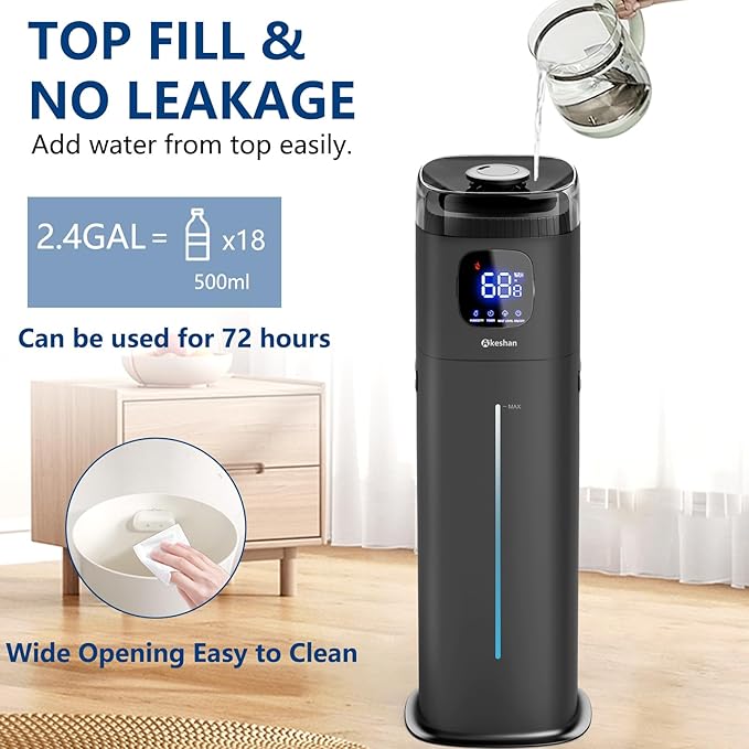 Large Humidifiers for Bedroom, 9L/2.5Gal Ultrasonic Cool Mist, Easy Clean Humidifier with 350ML/H Large Mist Speed, Quiet, Suitable for Kids Room Plant Yoga (Square W)