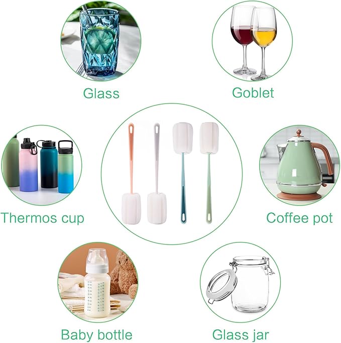 4 Pcs Sponge Bottle Brush, Long Handle Bottle Brush Portable Bottle Cleaning Brush with Handle for Bottles Cups Teapot