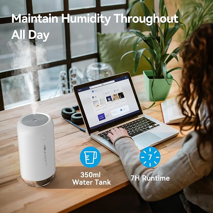 Portable Mini Humidifier, KQLKJ 350ml Small Cool Mist Humidifiers, USB Personal Desktop Humidifier for Bedroom Car Office Travel with Auto Shut-Off & 2 Mist Modes (White)