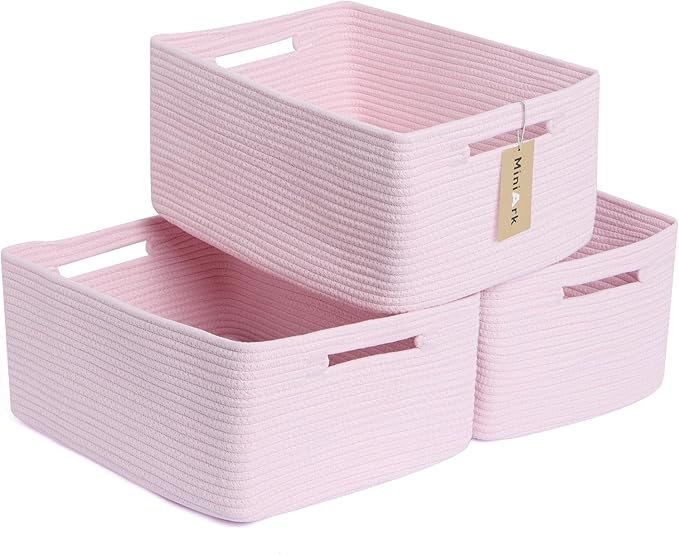 Large Storage Baskets for Shelves, Closet Organizers Bins for Clothes Blanket Towels, Baby Nursery, Toy Baskets Box, Woven Rope Baskets, 17 x 13 x 7.5”, 3 Packs Light Pink