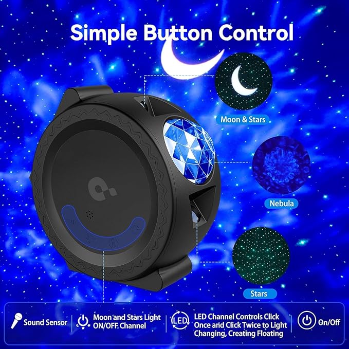 Galaxy Projector Star Night Light - 3-in-1 Moon Star Aurora Projector for Bedroom, Clap-Activated Music Sync,14M Colors, Kids Nursery & Adult Sleep Aid (No Music/Alexa)