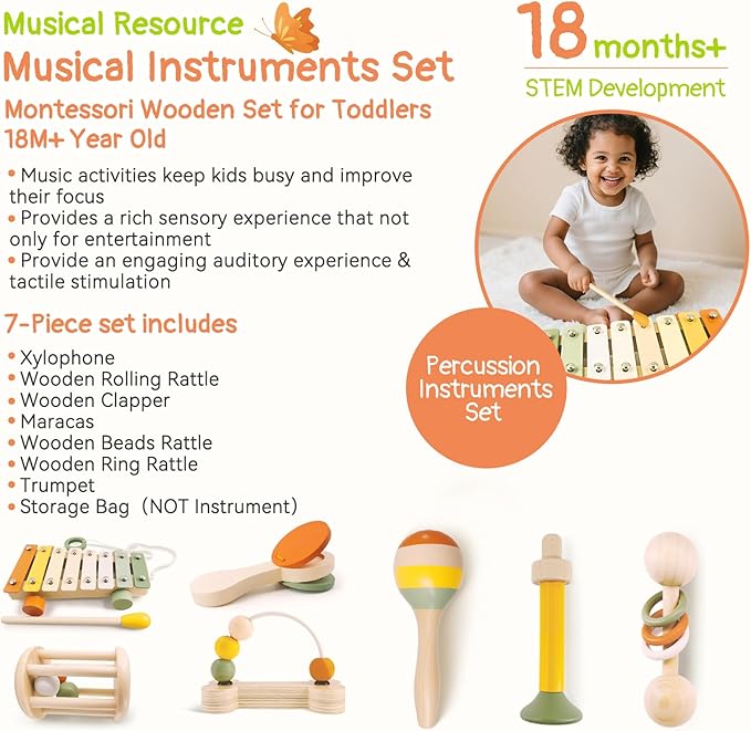 Musical Instruments 7PCS Baby Musical Toys for 18M+ Toddler Boy Girl Toys 2 3 Years Old Wooden Xylophone Maraca Trumpet Rattle, etc. (Storage Bag Included)