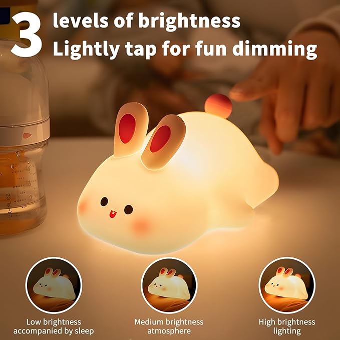 Cute Rabbit Night Light,Squishy Animal Nightlamp,Rechargerable Dimmable Nursery Bunny Lamp Soft Silicone Table Bedroom Lamp Portable Adjustable Lighting Bedroom Bedside Gift