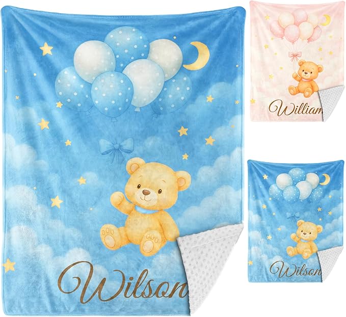 Personalized Baby Blankets for Girls & Boys - Super Soft Easter Blanket with Thick Double-Layer Dotted Backing, Personalized Baby Gifts for Baby Shower from Grandma (Blue-Pink, Customize Now)