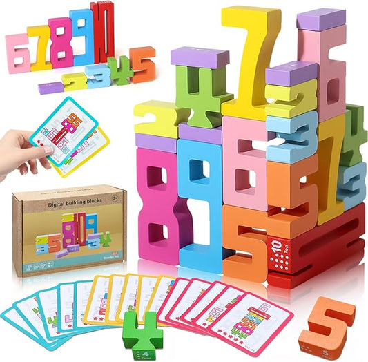 Wooden Number Building Blocks - 20Pcs Stacking for 3+ Years Old Kids, Digital Building Blocks, 1-10 Digital Blocks Toys, Balance Competition Toy, Educational Gift for Boys and Girls