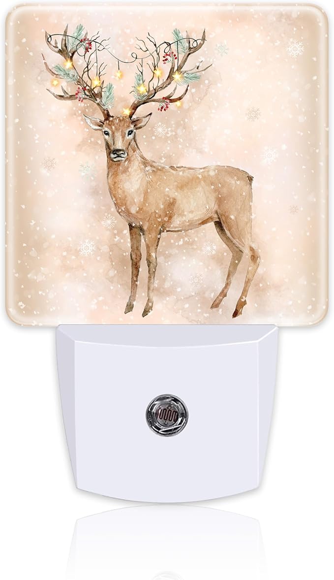Winter Christmas Deer Night Light for Kids,Deer Horns Decorated with Fir Branches and Lights Night Light Plug in with Dusk to Dawn Sensor,0.5w Energy Saving Nightlight for Hallway Stairway Bedroom