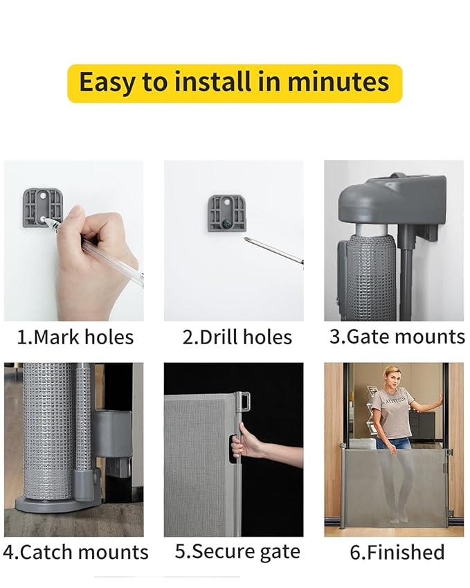 Retractable Baby Gate for Stairs – 33” Height, Expands up to 55” Width – Safety Gate for Infants, Toddlers, Dogs & Pets – Easy Install, Secure Closure, Gray Mesh Design for Indoor & Outdoor Use