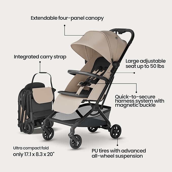 Mompush Velo Lightweight Travel Stroller, Compact & Airplane-Friendly for Baby and Toddler, Lie-Flat Seat, One-Hand Fold, with Leather Bumper Bar, Shoulder Strap, Raincover, Storage Bag & Cup Holder