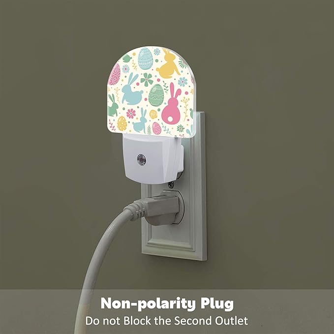 Easter Bunnies and Eggs Night Light, Colorful Rabbits and Flowers Dusk to Dawn Night Light Plug in,0.5w Energy Saving Sleep Friendly NightLight for Kids Boys Girls Home Decor