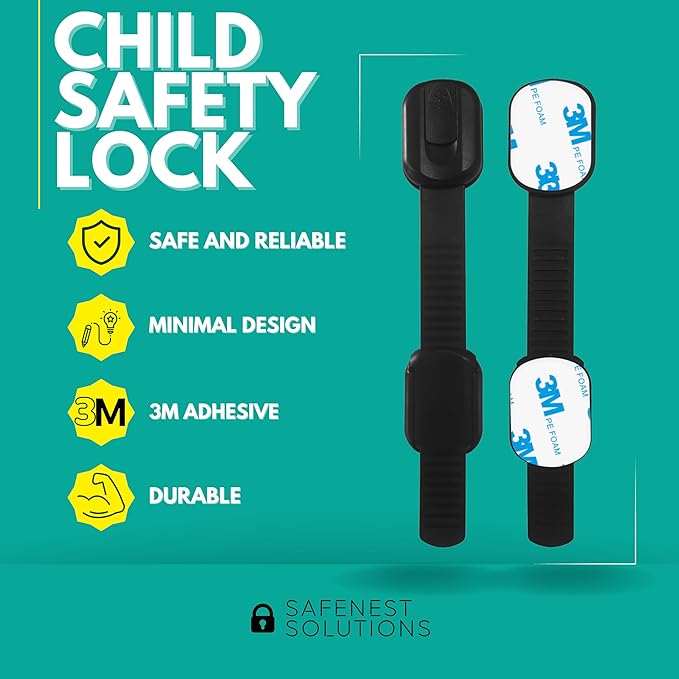 SAFENEST Child Proof Cabinet Locks (5 Pack Black) 3M Adhesive for Cabinets and Drawers, Fridge, Drawer Locks Baby Proofing, No Drilling; Alcohol Prep Pads Included