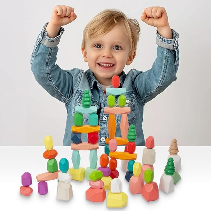 48 PCS Wooden Sorting Stacking Rocks Stones,Sensory Toddler Toys Learning Montessori STEM Toys, Building Blocks Game for Kids 3-6 Years Boy and Girl Birthday Gifts for Kids