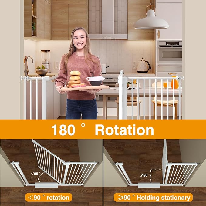 Extra Wide Baby Gate 30.11-77.36",Ultra Narrow 1.37" Spacing Dog Gate indoor,Double Lock Auto Close Pet Gate for House,Pressure Mounted Baby Gate Easy Walk Through Pet Gate for Hallway(White)