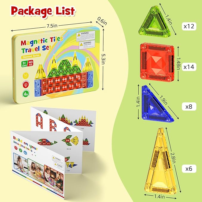 Mini Magnetic Tiles for Kids Ages 4-8, 40PCS Portable Travel Toys with Visual Storage Guide & Metal Storage Box, Compact Magnetic Building Blocks for Toddlers 3-5 Travel Activities