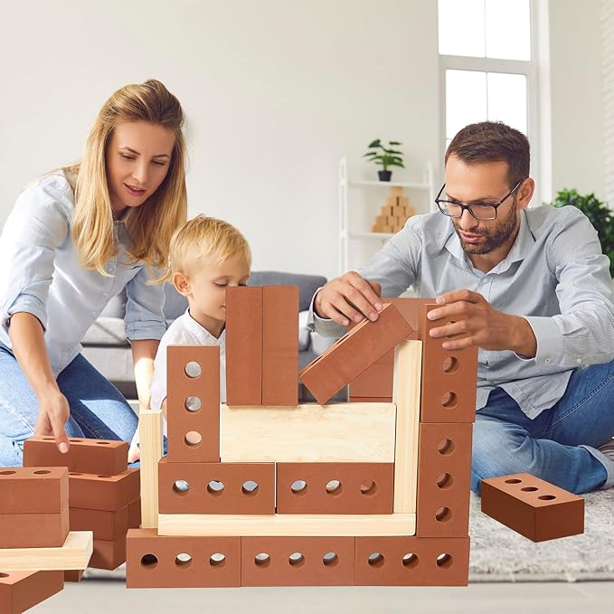 Deekin 25 Pcs Foam Brick Building Blocks and 12 Pcs Wooden Beam Foam Thick Cinder Blocks Large Fake Brick Builders Set for Construction and Stacking(Red)