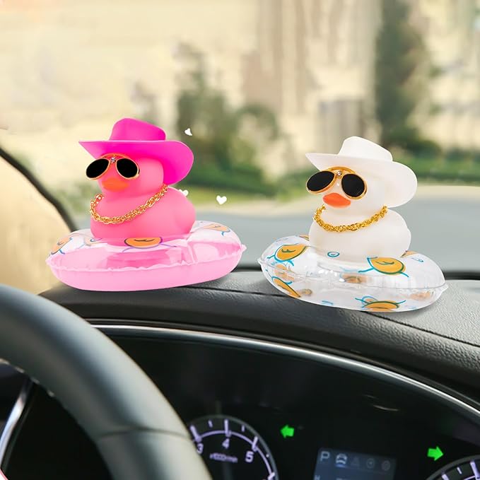 wonuu 2Pcs Car Dashboard Decorations Color Ducks, Rubber Duck for Car Ornament Accessories with Mini Hat Sunglasses Necklace and Swim Ring, A_Pink&White Duck+Pink Cowboy&White Cowboy