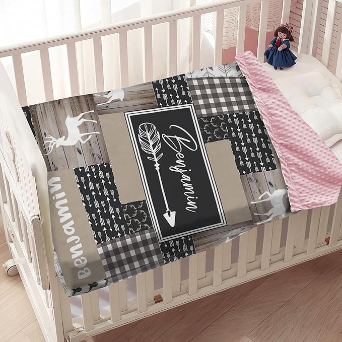 Custom Baby Blanket, Personalized Name Baby Blanket for Boys Girls, Woodland Deer Double Layer Dotted Backing Receiving Swaddle Blankets, Nursery Newborns New Parents Customized Gifts(47"x60")