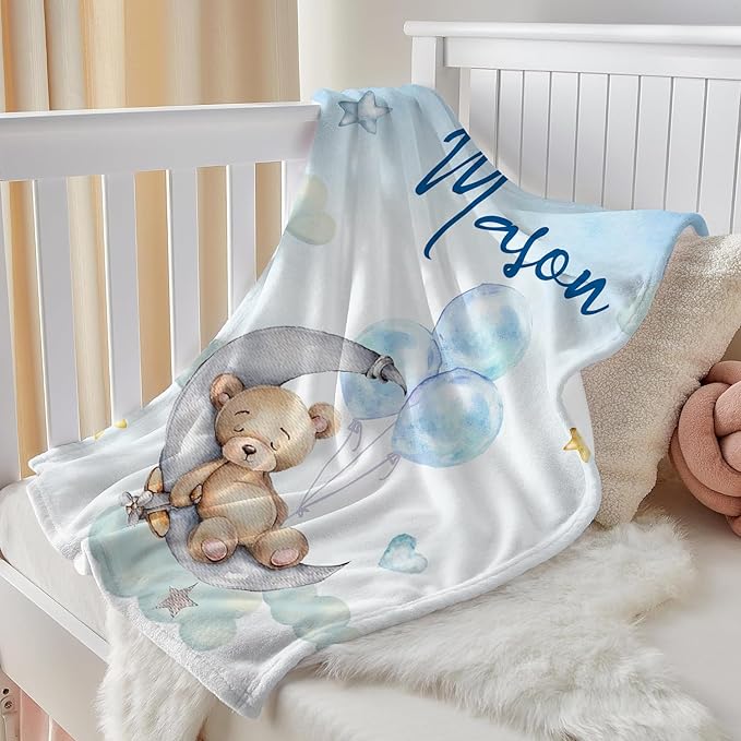 J&SBGFT Personalized Baby Blanket for Boys - Custom Name Receiving Blanket for Toddlers, Kids - Nursery, Stroller, Crib Decor Throw With Sleeping Bear