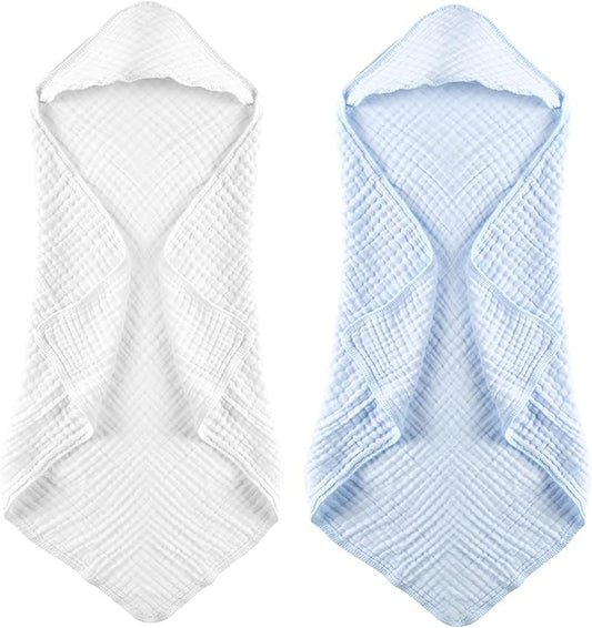 MUKIN Baby Hooded Towels, Muslin Cotton, 2-Pack, for Newborn, Infant, Toddler and Kids (White,Blue)