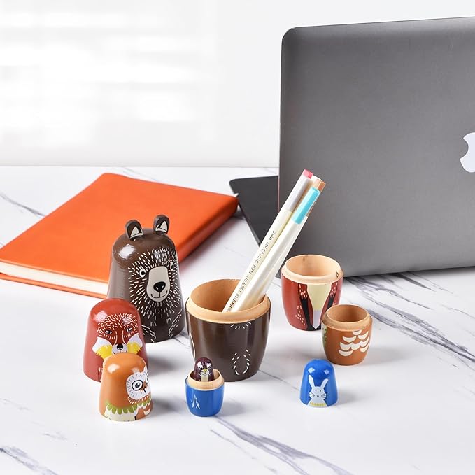 Nesting Dolls, 5Pcs 6" Tall Russian Nesting Dolls, Handmade Matryoshka for Kids, Wooden Stacking Toys for Christmas Home Wedding Party Decorations (Brown Bear)