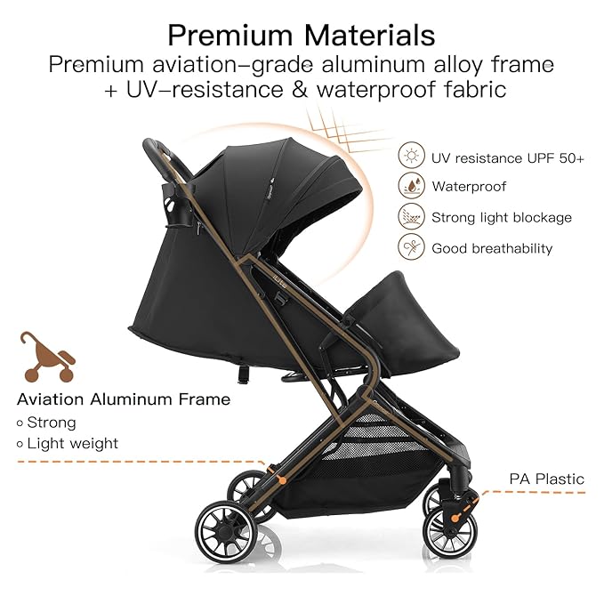 Compact Fold Baby Stroller, Lightweight Travel Toddler Stroller with One-Click Fold, Extendable UPF50+ Canopy, Cup Holder, UV Protected and Waterproof, One-Hand Folding - Black