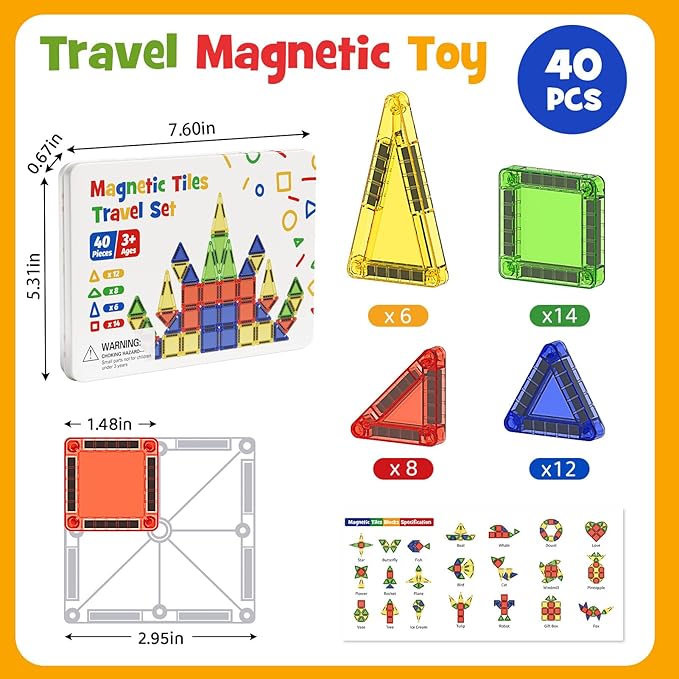 Mini Magnetic Tiles for Kids Travel - 40pcs STEM Building Blocks with Visual Storage Guide & Metal Box Play Base, Toddler Airplane Activities Toys for Ages 3-5,4-8, Compact Travel Toys