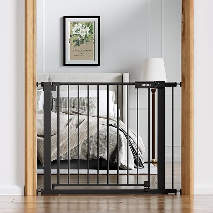 BABELIO Baby Gate for Doorways and Stairs, 36-41" Pet Gate with Wide Walk Thru Door and Lock Indicator, No Drill Pressure Mounted Safety Gate with Double Lock and Self-Closing, Black