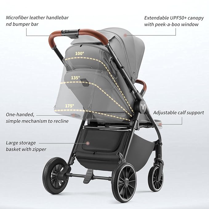 Tinyiota Baby Stroller for Kids,Toddler Stroller with Large UPF 50+ Canopy,Luxury Strollers with Leather Handle & Spacious Seat, One-Hand Foldable Pushchair,Baby Carriage with Lie-Flat Mode(Gray)