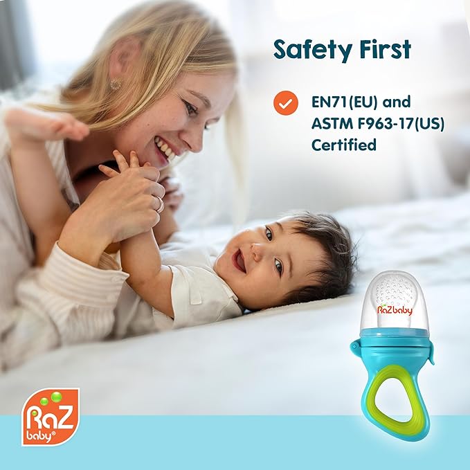 RaZbaby Baby Solids/Frozen Fruit Feeder Pacifier, Infant Teether Toy 6M+, BPA-Free Silicone Pouch & Nipple, Safely Introduce Solids, Natural Teething Relief, Dishwasher Safe, Freezable – Grey/White