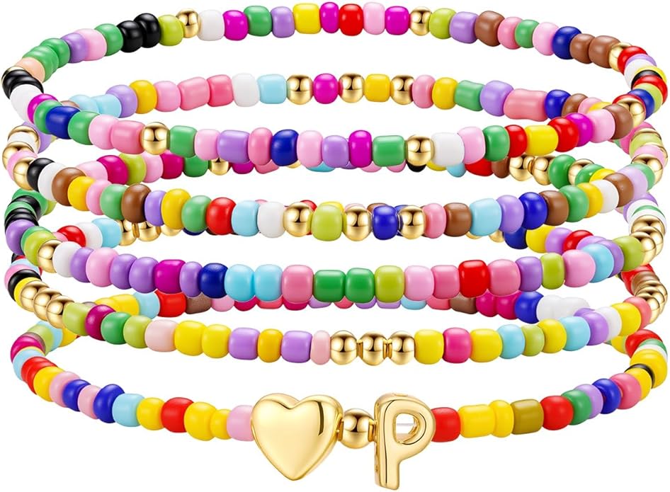 M MOOHAM Stocking Stuffers for Kids Girls Teen - 5PCS Colorful Beaded Initial Bracelets for Women Girls, Cute Stretch Heart Letter Bohemian Stackable Bracelet Birthday Gifts Jewelry for Kids Teen Girl