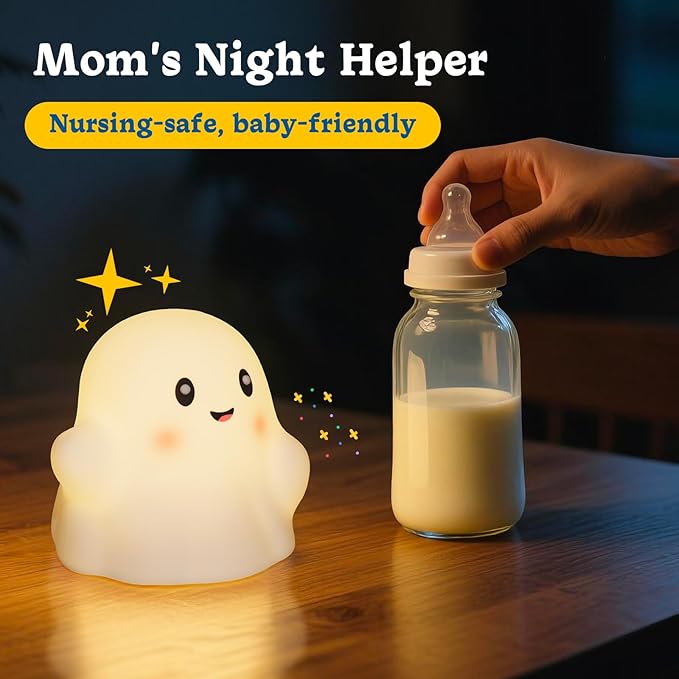 Ghost Night Light for Kids, Cute Nursery Lamp with 19 Interactive Sounds & 3 Light Modes & 30-Min Timer, Rechargeable Silicone Touch Nightlight for Halloween Decor Bedroom (White Ghost)