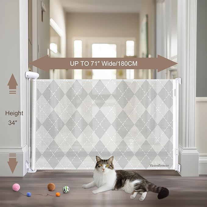 Retractable Mesh Baby Gate, 34" Tall, Extends up to 71" Wide, Child Safety Gate for Doorways, Stairs, Hallways, Indoor/Outdoor (34"x55", Grid Pattern)