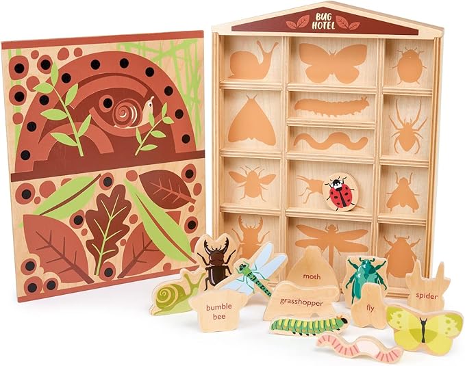 Tender Leaf Toys - The Bug Hotel - 13 Wood Garden Bugs with Shelving Unit and Front Panel - Made for Little Hands - Open-Ended Nature Play - Science Learning Toy for Boys and Girls - Age 3+
